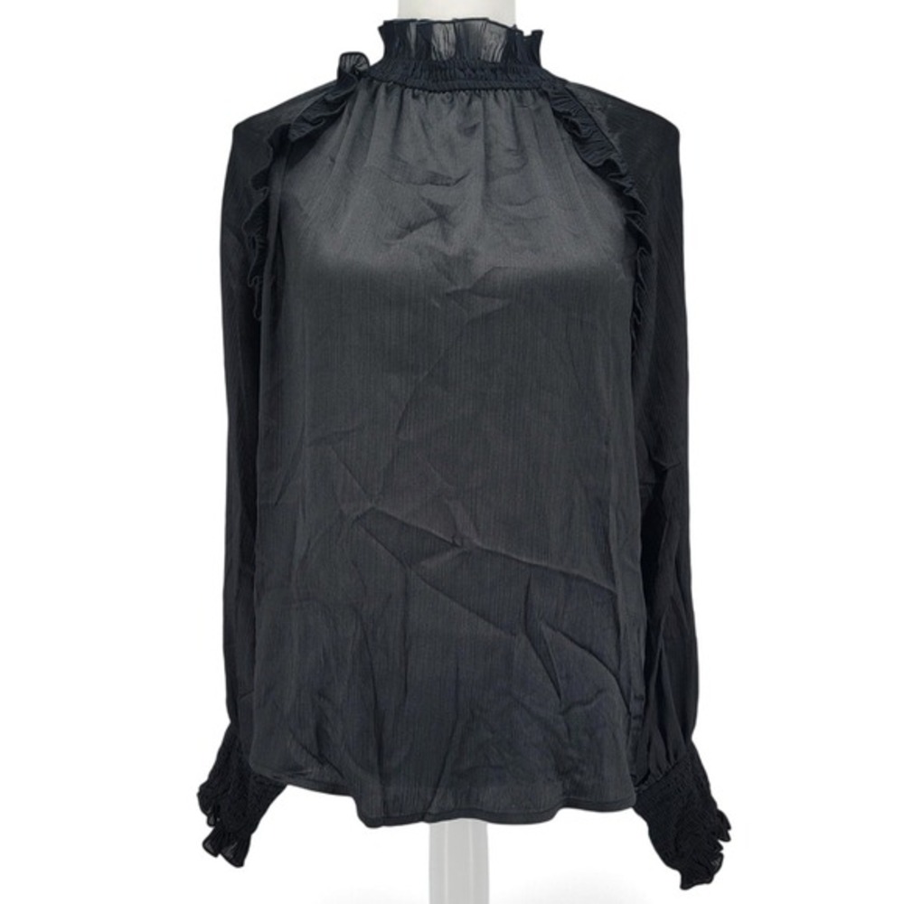 Yest Black Ruffle Mock Neck Smocked Blouse Size 6 NWT Office Siren Romantic